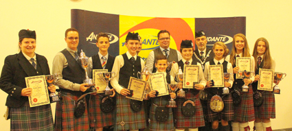All the winners pose with sponsor Nigel hodgen of sponsors Andante Percussion and RSPBA President George Ussher