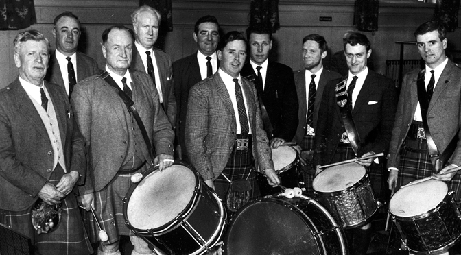 The birth of ensemble.....AD Hamilton (far left) with RSPBA drummers. How many can you name? 
