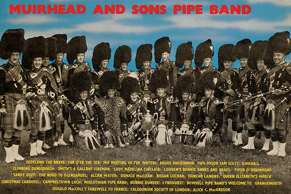 Muirhead and Sons Pipe Band under P/M Jackie Smith were the winners of the first World Championship held outside Scotland and Belfast. This picture is from an LP recording the band made after their victory